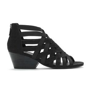 Eileen Fisher Oodle Cutout Sandal Stacked Heel Sueded Leather w Stretch 8 Black